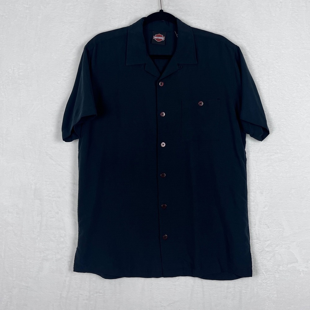 Harley Davidson Tori Richard Button Down Mens M Black Embroidered Camp Shirt